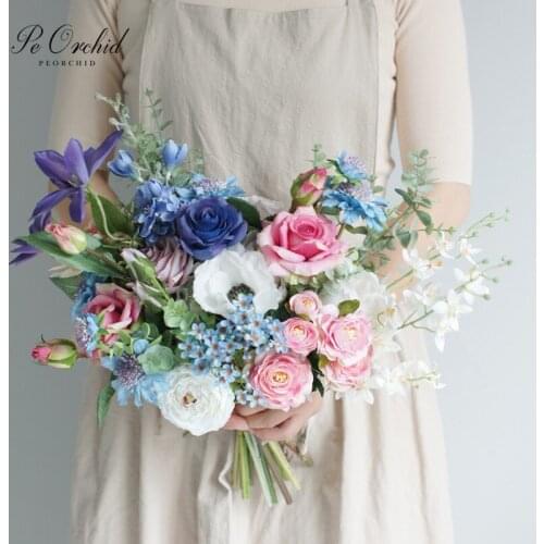 PEORCHID Blue Wedding Bouquet For bride Ramos De Novia 2020 New Artificial Bridal Rose Pink flower Bouquet Decoration