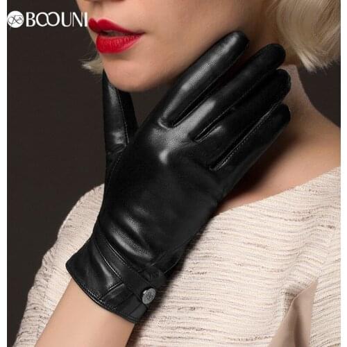 BOOUNI Genuine Leather Gloves Fashion Black Women Sheepskin Gloves Thermal Winter Velvet Lining Finger Driving Glove NW787