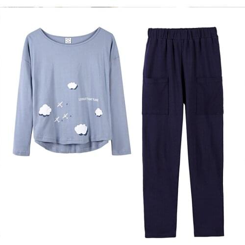 New Autumn Winter 100%Cotton Women Pajamas Set Cartoon Printed Long Sleeve Round Neck Cute Plus Size M-3XL Female Sleepwear