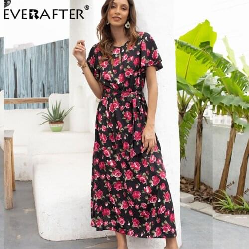 EVERAFTER Summer dress women floral print O-neck short sleeve high waist boho beach dress loose vintage holiday maxi dresses