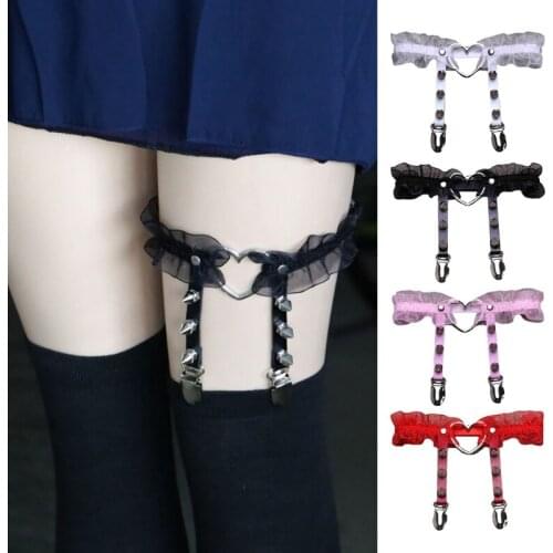 Women Sexy Lace Thigh Ring Garter Belt Gothic Punk Rock Harajuku Stud Heart-Shaped Elastic Leg Loop with Clips