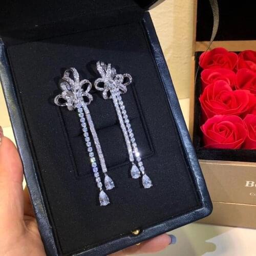 Luxury Brand S925Z Fashion Bow Earrings Delicate Sweet Bow Fringe Long Earrings for Women