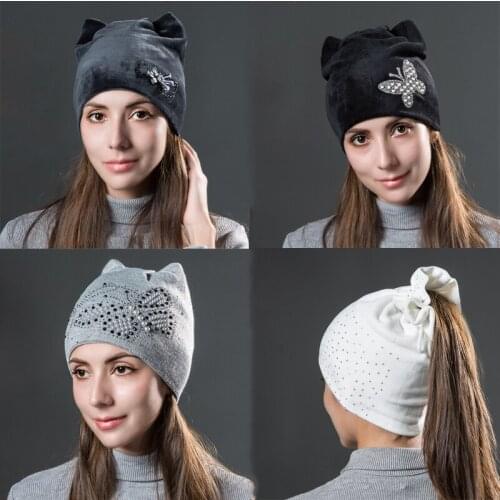 Women Tied Hair Ponytail Hat Fashion Cute Cat Ears Hats Butterfly With Flower Beanies Winter Warm Velvet Cotton Cap For Women