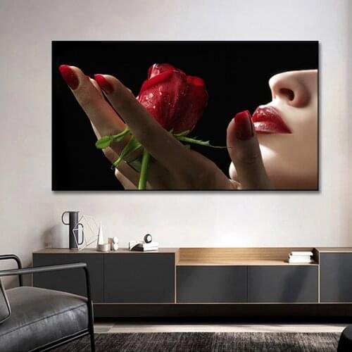 Modern Wall Art Girl and Red Rose HD Printed Canvas Painting Wall Art Poster Pictures Cuadros for Living Room Decor Home Decor