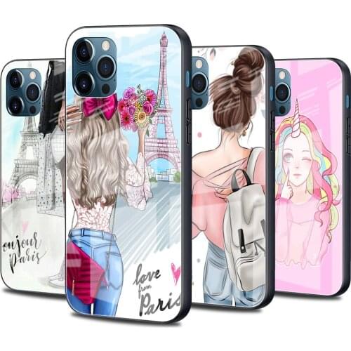 Fashion Unicorn Girl Glass Case For Apple iPhone 13 11 Pro 12 Mini XR 7 8 Plus SE 2020 XS Max X 6 6S Luxury Phone Cover Shell