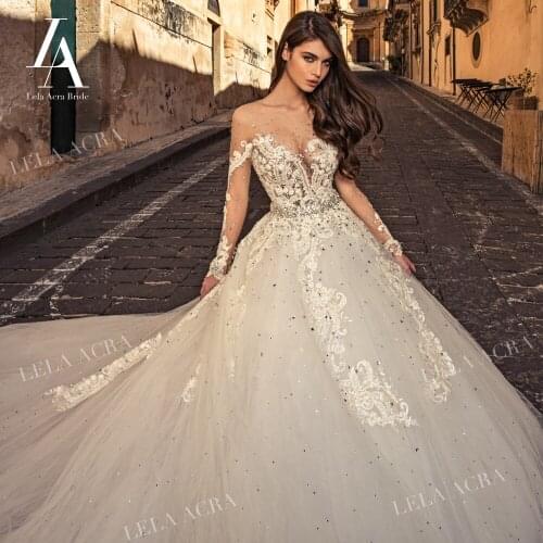 Glamorous Appliques Wedding Dress Crystal Ball Gown 2021 New Lace Long Sleeve Princess Bridal Lela Acra JK12 Vestido De Novia
