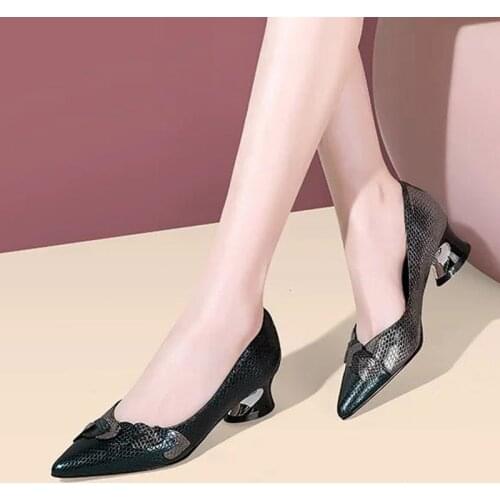 Spring Autumn Woman Dress Shoes Leaf Pumps Pointed Toe Boat Shoes Round Heels Med Heels Office Desinger Shoe zapatos mujer 8686G