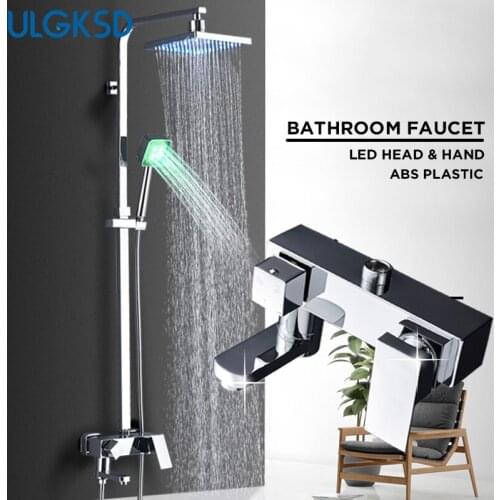 ULGKSD LED Shower Faucet 8'' Rainfall ABS Head & Hand Shower W/ Tub Spout Single Handle Cold and Hot Water Mixer Tap For Bath