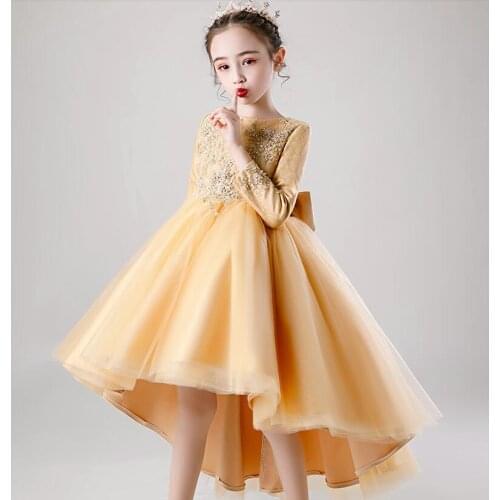 Girls High Quality Golden Beads Lace Princess Dress Kids Girl Wedding Birthday Party Ball Gown Flower Girls Evening Costume