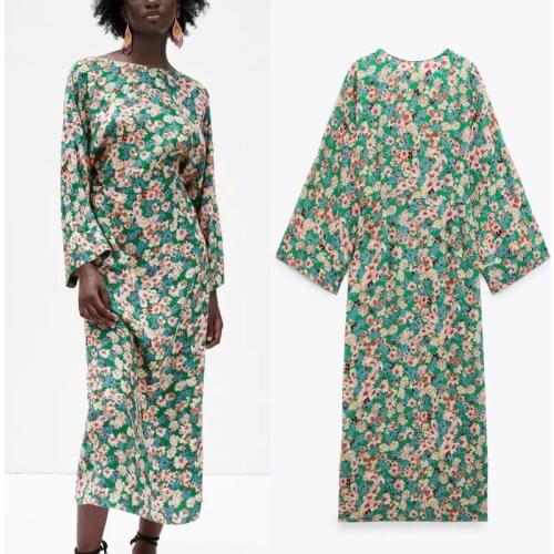 Za Women 2021 Vintage Wide Neck Long Sleeve Floral Print Midi Dress Sexy Backless Slit Hem Streetwear Casual Femal Dresses Mujer