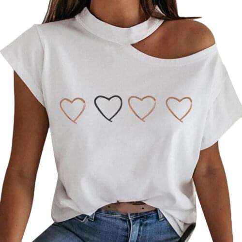 Womens t-shirt Short Sleeve Halter Cold Shoulder Tree Heart Print Loose T-shirt 2020 summer female clothes