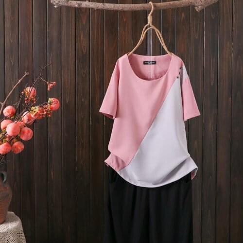 Plus size pink blue patchwork button women tshirts 2021 new summer causal chiffon ladies t shirts female tops t-shirts