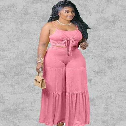 Women Clothing Two Piece Set Plus Size Xl-5xl Solid Tank Top Bow Wide Leg Flared Pants Casual Tracksuit Wholesale Dropshipping