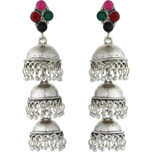 Womens Ethnic Retro Silver Color Bell Indian Jhumka Earrings Wedding Jewelry Classic Vintage Alloy Tassel bell Earrings Bijoux