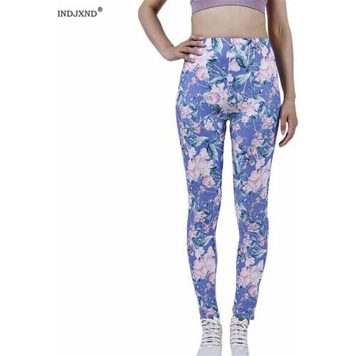 INDJXND Women Pants Sports Running Sportswear Stretchy Fitness Leggings Gym Tights Elastic Waist Blue Pink Flower Knitted Bottom