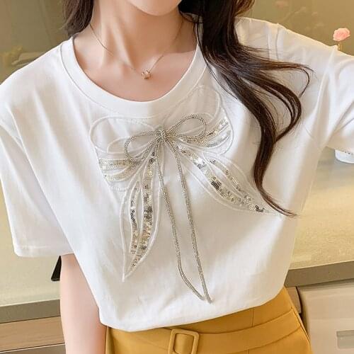 Women Tops Casual New Summer Short-Sleeved Sexy Womens T-shirt fashion Three-dimensional bow Diamonds Loose t-shirt 201B