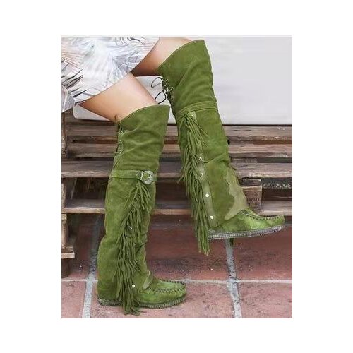 Womens Suede Flat Over Knee Boots Tassel Plus Size Shoes J57