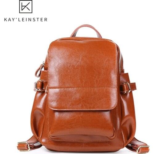 100% Genuine Leather Multi Pocket Women Backpack Fashion Oil Wax High Quality Solid Travel Bags Girls School Bag Large Mochila