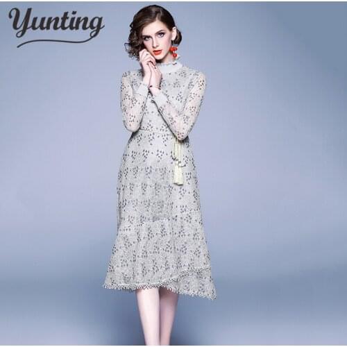 Runway 2020 Winter Casual Lace Dress Elegant Europe Vintage Female Slim Party Dresses Sexy Work Vestidos