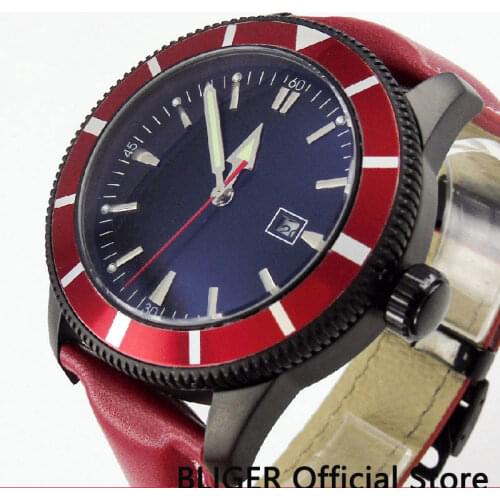BLIGER Fashion 46MM Black Sterile Dial Red Rotating Bezel Black PVD Case MIYOTA Automatic Movement Mens Watch B128