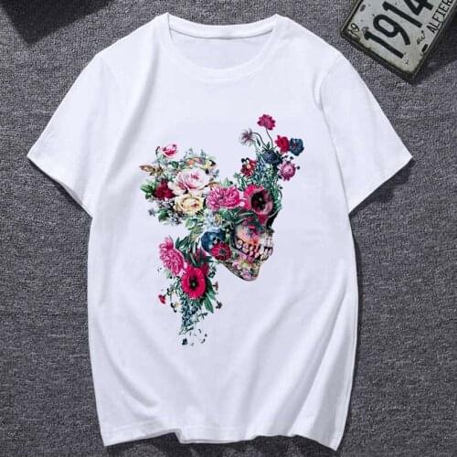 Womens T-shirt Horror Skull Print T-shirt Womens Harajuku Graphic T-shirt White Casual Street T-shirt Top Female