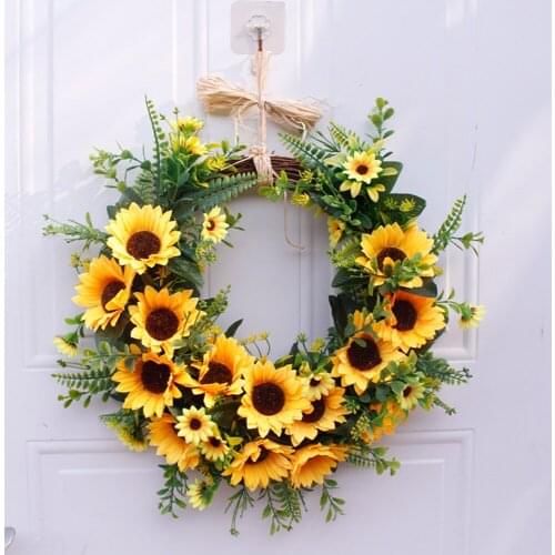 Artificial Yellow Sunflower Wreath With Green Leaves For Front Door Indoor Outdoor Wall Wedding Home Decoration