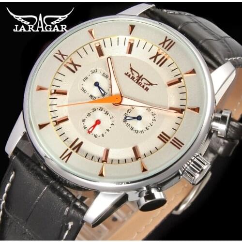 Jargar JAG6901M3S2 Automatic dress wristwatch silver color with black leather steel band for men hot selling free shipping