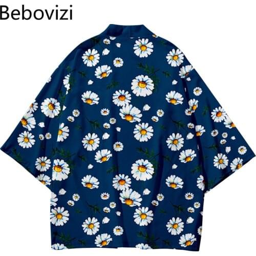 Japanese Streetwear Cardigan Women Men Harajuku Haori Plus Size 5XL 6XL Blue Daisy Loose Beach Kimono Cosplay Yukata Clothes