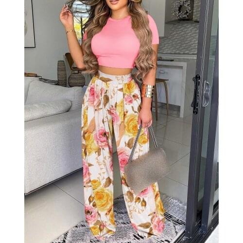 Summer Two Piece Set Women Fashion Casual Round Neck Print Short Tshirt Wide-leg Pants Suit Beach Style Two Piece Set Women
