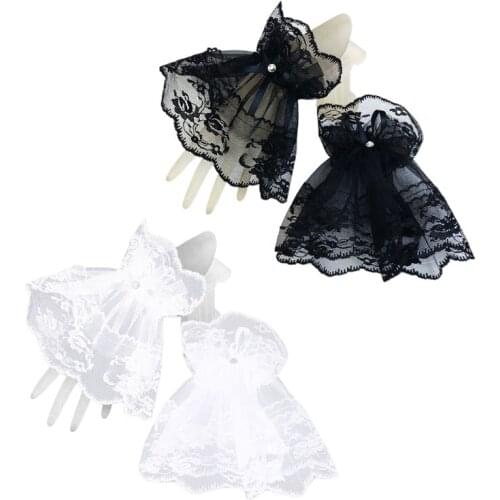 Womens Halloween Gothic Black Lace Wrist Cuffs Bracelets Party Sunscreen Rhinestone Bowknot Fingerless Gloves