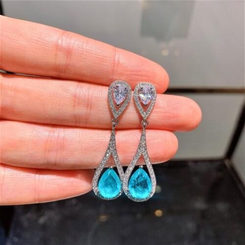 QTT Cute 925 Silver Hoop Earrings For Women Girl Fashion Water Drop Shape Paraiba Tourmaline Gemstone Wedding Party Jewelry