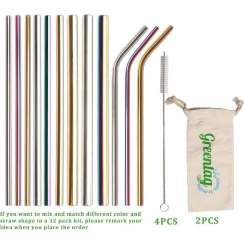 12 Pack Metal Stainless Steel Drinking Reusable Straw With Greentag Logo Portable Bag For Metal Tumbler BPA Free FDA Gift