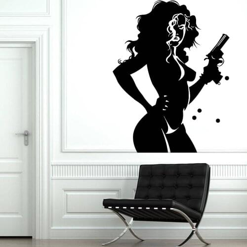 Sexy Girl Wall Decal For Bedroom Naked Woman Female With Gun Weapon Vinyl Wall Stickers For Living Room Self-adhesive W729