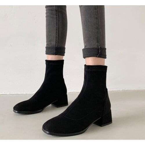 New Women Shoes High Heels Slip ankle boots winter Stretch socks boots elegant Square high heels shoes female Plus size 32- 43