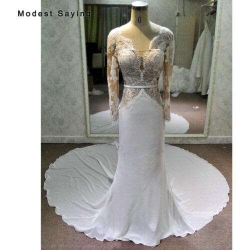 Real Photo Ivory Mermaid Long Sleeve Wedding Dresses 2018 with Nude Nettings Sexy Backless Lace Bridal Gowns vestidos de noiva