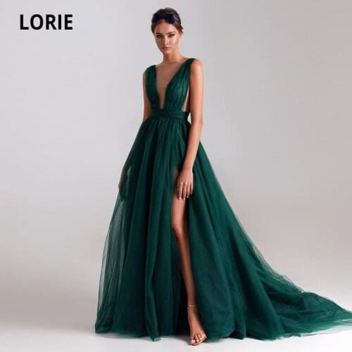 LORIE Emerald Green Prom Dresses Sexy Pleats African Arabic Evening Gown Side Split Tulle Wedding Party Graduation Dress 2021