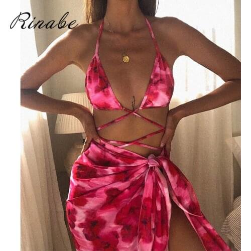 Rinabe Sexy Bandage Bathing Suits Tie Dye Print WomenS Bikinis 2020 Adjustable Bikini Set 3 Piece Swimsuit Cover Up New Biquini