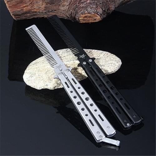 Foldable Comb Stainless Steel Practice Training Butterfly Knife Comb Beard Moustache Brushe Salon Hairdressing Styling Tool