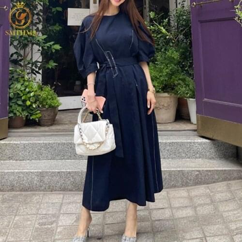 SMTHMA New Fashion Korean Chic Casual Summer Dresses Ladies Temperament Loose Lace Up Waist Big Swing Long Dress Vestidos