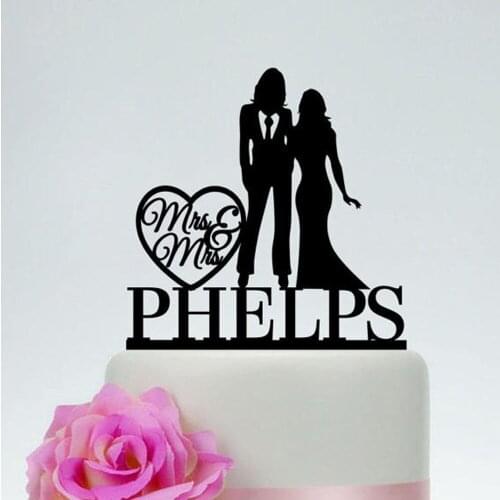 Mrs and Mrs Wedding Cake Topper,Customized Acrylic Same Sex Cake Topper with love wood,lesbian silhouette,two women cake topper