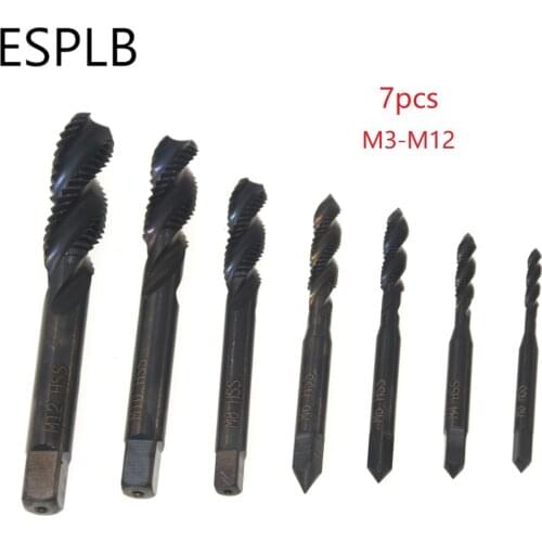 ESPLB 7pcs M3/4/5/6/8/10/12 Drill Bit Spiral Hand Thread Tap HSS 6542 Machine Screw Spiral Point Thread Metric Plug Hand Tools