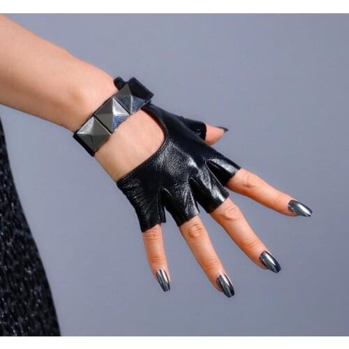 Womens Runway Fashion Sexy genuine Leather Glove ladys Club Performance Formal party Shiny Black Driving glove R2884