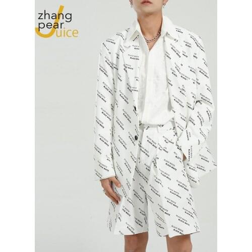 Men Blazer Suit Set Summer Letter Print Blazer Jacket Wide Leg Shorts All Match Loose Men Short Sets White Black