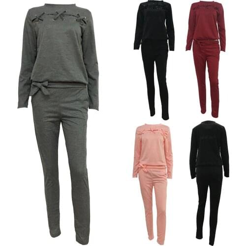 Hot Summer 2Pcs Women Tracksuit Cut Out Lace Up Sweatshirt Pants Solid Color Sport Outfit Casual Suit Sportswear