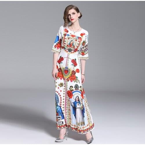 High Quality Fashion Designer Maxi Dress 2020 Summer Women Half Sleeve Heart Flower Print Luxury Casual Retro Elegant Long Dress