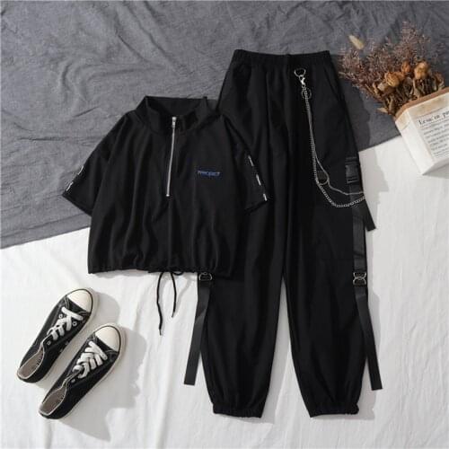 Women Coat Pants Buckle Ribbon Pocket Jogger Elastic Waist High Streetwear Sportswear Harajuku Pant Chain Females Two Piece