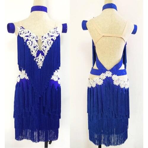 New Latin Dance Performance Dress Royal Blue Fringe Backless Sexy Latin Dance Clothes For Women Girls Samba Salsa Costume BL5390