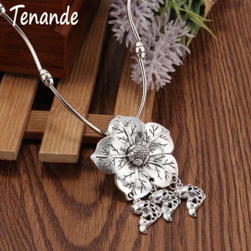 Tenande Boho Fishes Tassel Pendant Necklaces Turkish Silver Color Carved Leaves Flower Necklaces for Women Vintage Jewelry Gifts