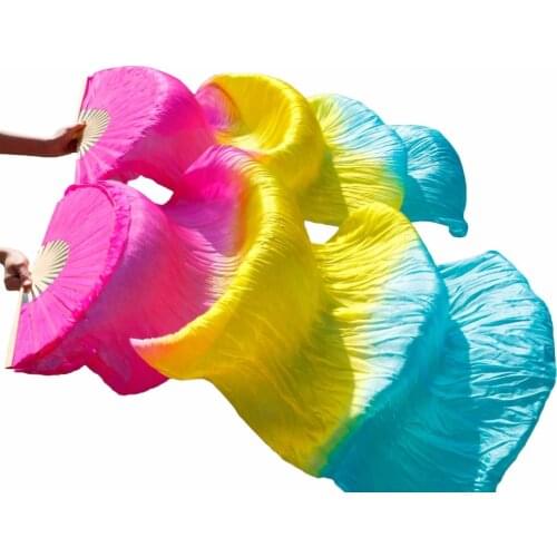 180x90cm 100% Silk Belly Dance Fans Handmade Dyed Silk Belly Dance Bamboo Ribs Long Fans Rose+Yellow+Turquoise Can Be Customized