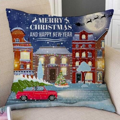 Christmas in Town Drawing Car Christmas Tree Design Painting Decorative Sofa Cushion Cover Cotton Linen Chair Throw Pillow Case